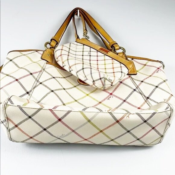 Coach Peyton Tattersall Cream Plaid Tote Bag & Matching Wristlet Set F21924 - Picture 6 of 16